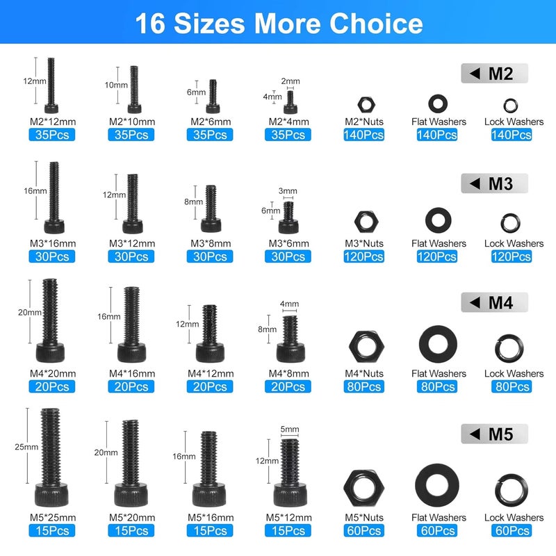 SATANTECH 1600PCS Metric Screw Assortment M2 M3 M4 M5, Grade 12.9 Alloy Steel Metric Bolts and Nuts Assortment Kit, Hex Socket Head Cap Metric Machine Screws Nuts and Bolts and Flat&Lock Washers Set - Image 3
